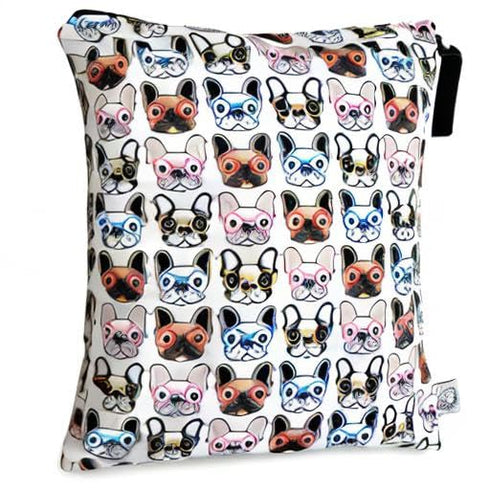 FLOCK THREE Washable Wet Bag Diaper Bag, Water Resistant Swimming Bag with Pugs Dog Print, 12.6'' x 16.5''