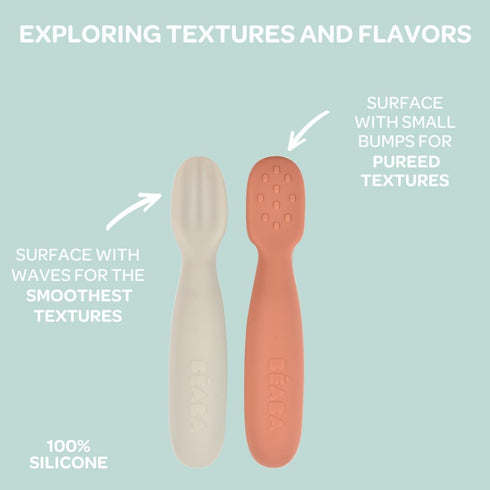 BEABA Set of 2 Silicone Pre-Spoons, Ultra-Soft for Babies 4-8 Months, Designed for Self Feeding, Baby Utensils
