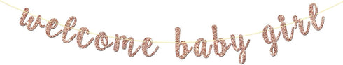 Welcome Baby Girl Banner - Rose Gold Glitter for Baby Shower, Gender Reveal Party Decorations
