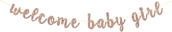 Welcome Baby Girl Banner - Rose Gold Glitter for Baby Shower, Gender Reveal Party Decorations