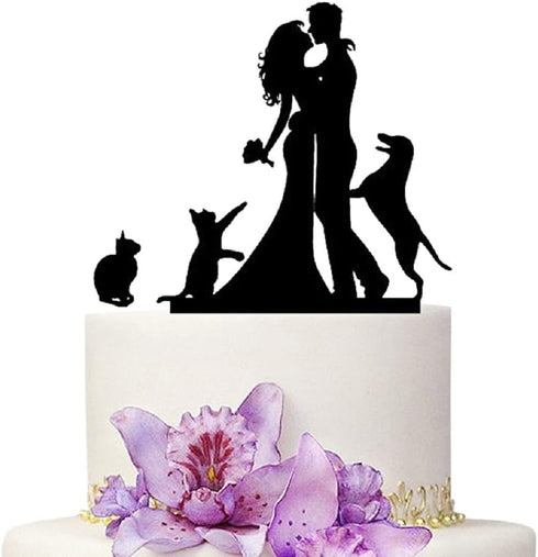Wedding Cake Toppers - Bride and Groom with 2 Cats and Dog, Black Color Acrylic Silhouette Wedding Decoration