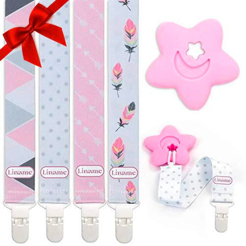 Liname Neutral Pacifier Clip with Teething Toy - 4 Pack Clips for Boys & Girls, Binky Holder Soothie Paci Clip