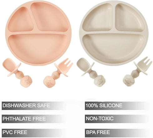 PandaEar 2 Pack Silicone Divided Suction Plates with 2 Spoons 2 Forks for Babies & Toddlers | Baby Led Weaning Supplies Self Feeding Eating Utensils | BPA-Free Silicone Baby Feeding Set -Pink & Linen by PandaEar
