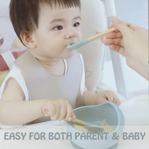 Ginbear Silicone Baby Spoon and Fork Set for Self-Feeding, Toddler Flatware 6 Months+ (Hazy Green/Almond)