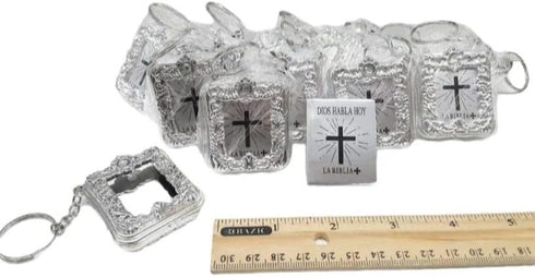 CL Gift Mini Bible Keychain, 12 x English Spanish Gold Silver Religious Favor for Baptism, Wedding Shower