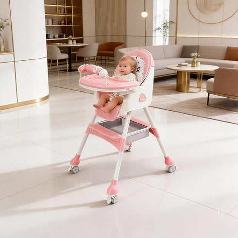Virplik Portable Baby High Chair for Babies & Toddlers, Easy-Clean Multi-Use Feeding Chair with Lockable Wheels & Toy