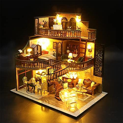 Lannso DIY Dollhouse Miniature Kit with Dust Proof Cover and Music Box, Mini Wooden Dollhouse Toys