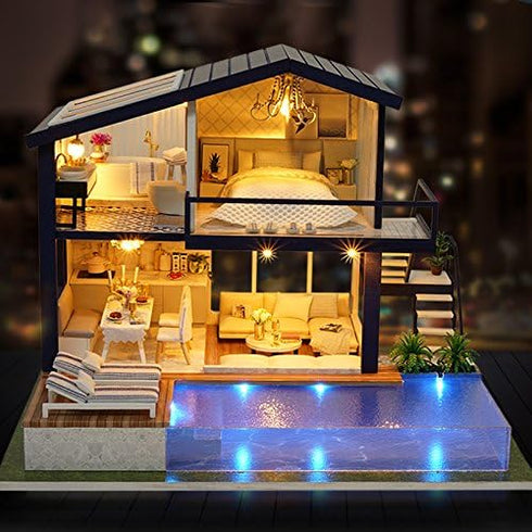 Swimming CUTEROOM Miniature House Kit, DIY Dollhouse Kit for Adults to Build, Mini House Making Kit with Furnitures