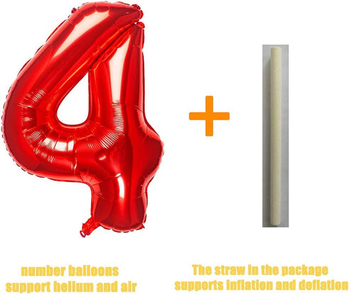 32 Inch Red Number 4 Balloons, Foil Balloon for Birthday Party Decoration Supplies