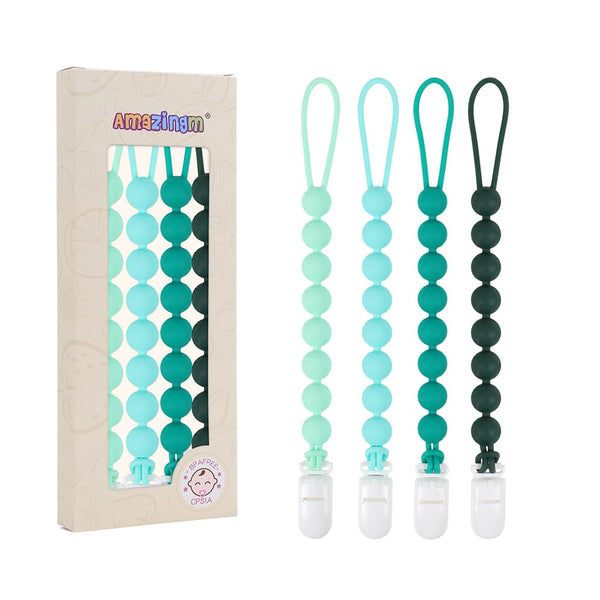 4 Pcs Green Baby Silicone Teething Pacifier Clip,One-piece Design,Round Shape,Smooth Surface,BPA Free.