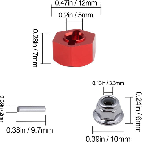 Hobbypark Aluminum 12mm Hex Wheel Hubs (4) & Flanged M4 Lock Nuts (4) for Traxxas 1/10 Slash 4x4 RC Car (Red)