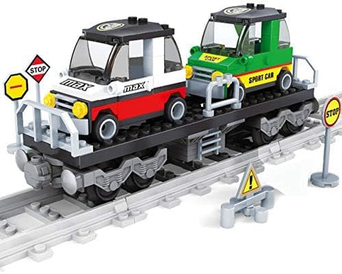 Set, 186 General Jims Railway Flatbed Train Car with Cars Building Block Pieces, Brick Built Cargo Rail Transport