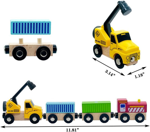 SAIBURAZ Sets 3+ Wooden Trains Cars with Crane Magnetic Train Toys for Wooden Train Tracks Train for Toddlers and Kids