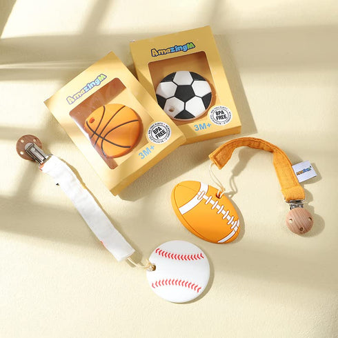 Baby Food Grade Silicone Sports Shape Teether Toy with Pacifier Clip Holder, BPA Free, Gift Set for 3 Months+