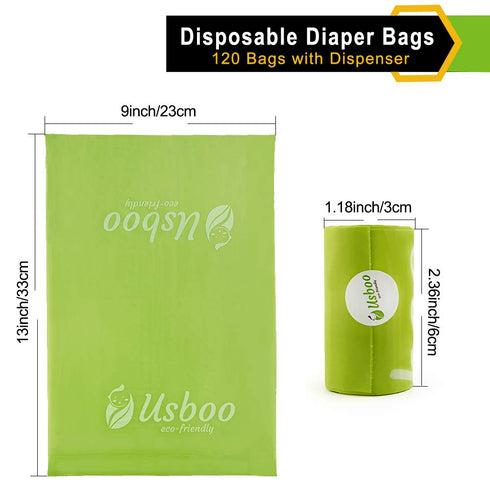Baby Disposable Diaper Bags, Waste Bags 8 Refill Rolls/120 Bags with Dispenser, Convenient and Quick Diaper Disposal,