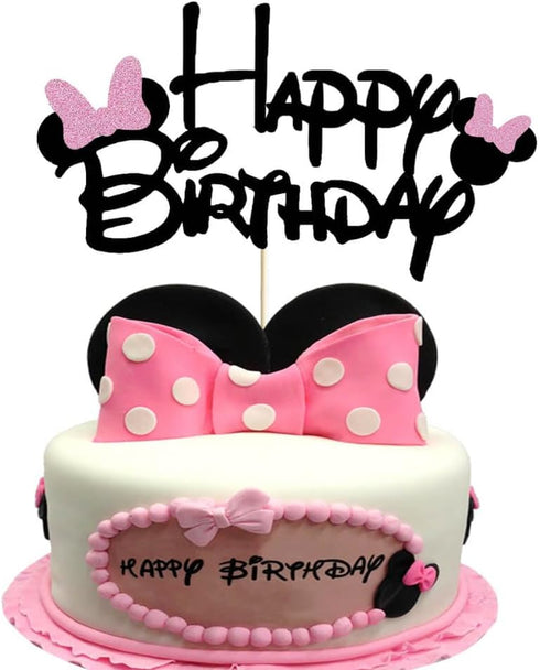 Black Pink Happy Birthday Cake Topper, Pink Bow Tie Decoration for Baby Shower Birthday Party Supplies