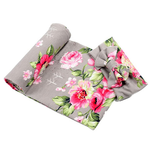 Galabloomer Newborn Receiving Blanket Headband Set, Baby Flower Rose Swaddle with Big Bow, Gray