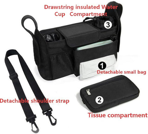 Generic The multi-functional baby carriage storage bag can be fixed on the vehicle. It has a cup holder and detachable
