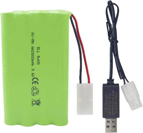 AA 9.6V 2800mAh Rechargeable Battery with Tamiya Plug and USB Charging Cable for RC Toy Cars and Trucks
