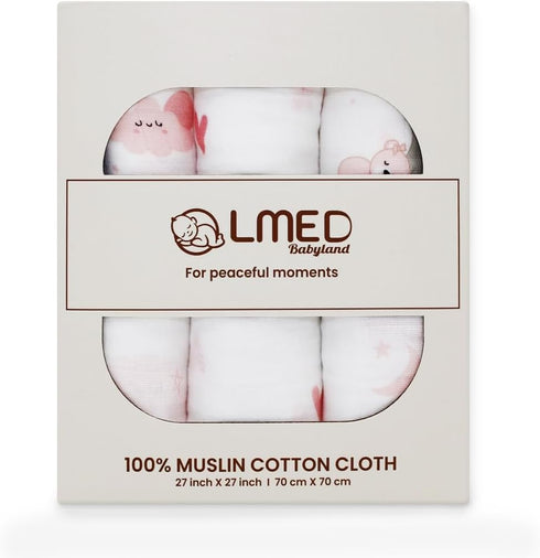 LMED Babyland 100% 3-Pack, 27x27 (70x70cm), 0+ Muslin Cotton Baby Receiving Cloths, in Soft & Gentle for Newborns