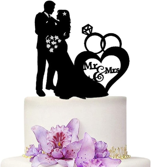 Mr And Mrs Wedding Cake Toppers, Bride and Groom Black Acrylic Silhouette Decoration for Engagement Party