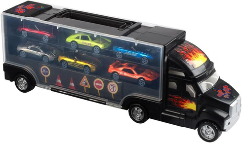 Big Mo's Toys Transport Car Carrier Truck, with 6 Stylish Metal Racing Cars & Carrying Case