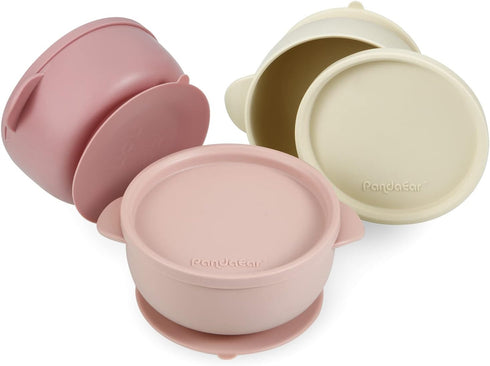 PandaEar 3 Pack Baby Bowls with Suction, Leak-Proof Silicone Food Bowl with Lids, Pink Rose Linen