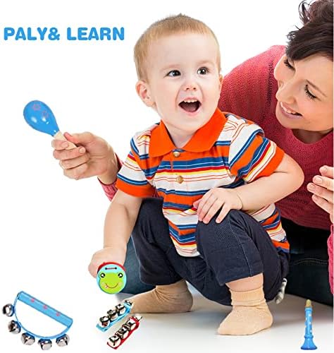 Kids Musical Instruments Set, 12pcs Wooden Percussion Toys, Tambourine & Xylophone for Early Learning (Blue)