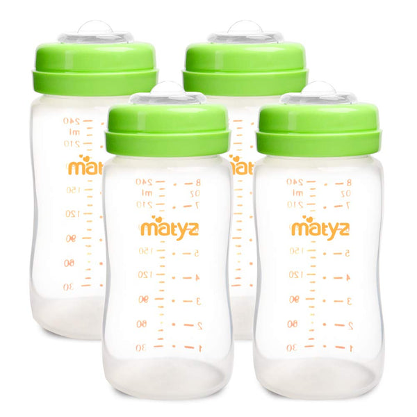 Matyz 4-Pack Breastmilk Storage Bottles with Lids, 8oz Each in Green, Leakproof for Breast Pump