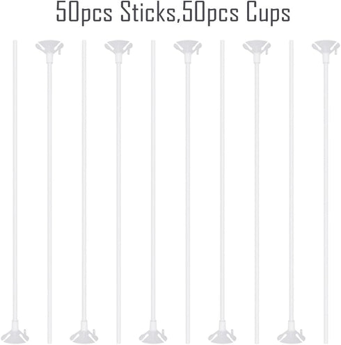 Pllieay 50 Pieces Plastic White Balloon Sticks with Cups for Party, Valentine's Day, Wedding, Anniversary Decoration