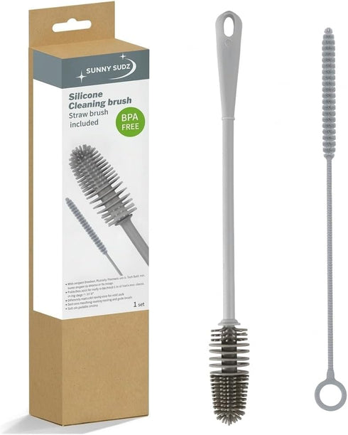 Silicone Bottle Brush & Silicone Straw Cleaner Set 12.5 Long Handle, Flexible,