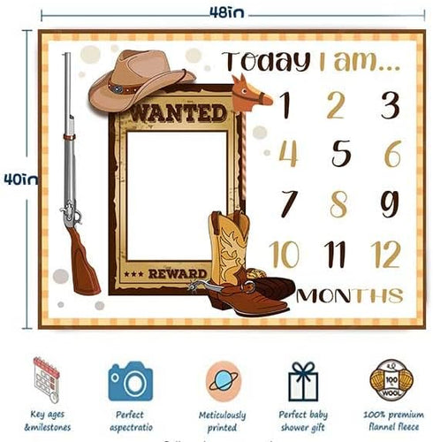Cowboy Milestone Blanket for Newborn Gifts, 48x40in Cowboy Life Hat Boots Hunting Gun Photography Props