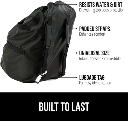 Gorilla Grip Car Seat Travel Bag, Water Dirt Tear Resistant, Easy Carry Padded Backpack Covers for Airplane, Gate Check Bags Infant Booster Convertible Carseat Air Plane Cover for Seats, Black