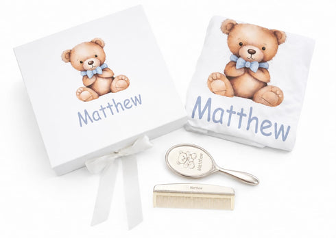 Set Engraved Silver-Plated Bear Brush & Comb Newborn Grooming Kit, Soft Bristle Hairbrush, Custom Baby Keepsake Gift