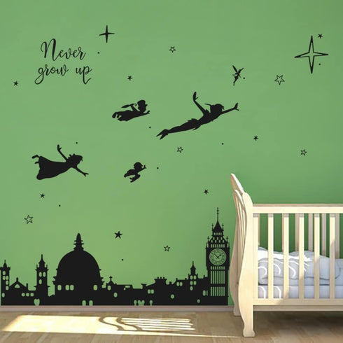 Runtoo Never Grow Up Nursery Wall Decals Quotes, Big Ben Cityscape Wall Stickers for Kids Room Baby Bedroom Decor