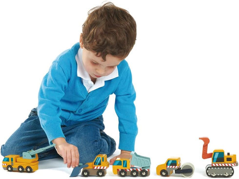 3+ Tender Leaf Toys - Construction Site - Four Heavy Vehicles with Crane Truck, Road Roller, Dump Truck and Front