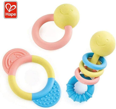 Hape Rattle & Teether Collection | 3-Piece Rattle & Teething Set for Babies in Soft Colors