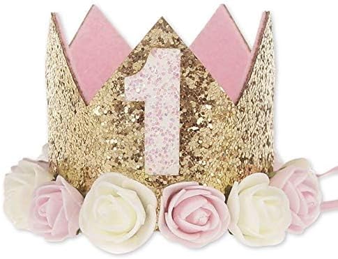 Birthday Crown Hat for Girls, Princess Sparkle Pink Flower Headband Party Decorations