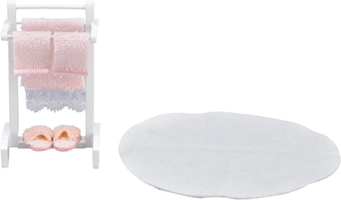 1:12 Miniature Bath Towel Rack with Rug Set - Dollhouse Bathroom Furniture Accessories for Realistic Decor