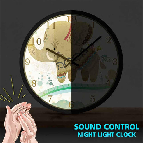 Geek Alerts Little Animals Cartoon Elephants Wall Clock with Sound Control LED Night Light Animal Metal Frame Silent