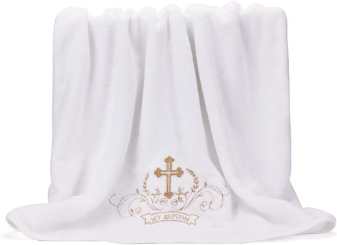 My Baptism Baby Christening Dedication White Blanket with Embroidered Cross Premium Soft