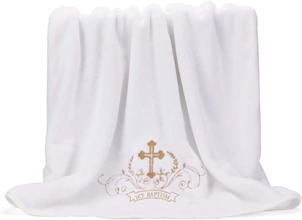 My Baptism Baby Christening Dedication White Blanket with Embroidered Cross Premium Soft