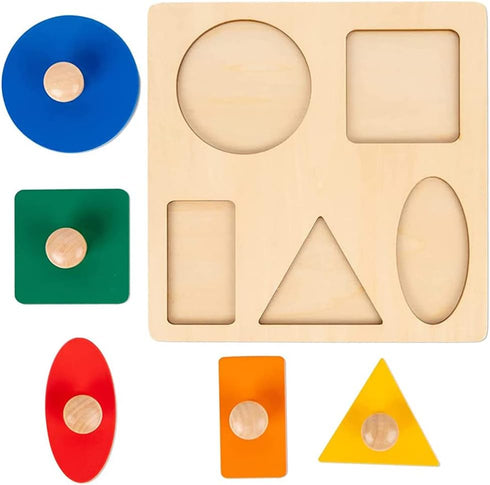 Montessori Multi Shape Wooden Puzzle Toy, Jumbo Wood Peg Educational Basic for Baby Toddler (5 Geometry Shape)