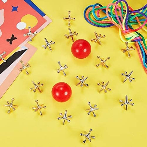 Gejoy 4 Set Vintage Metal Jacks and Ball Toys Kit, Retro Jax Game with 40 Metallic Jacks and 4 Rubber Balls