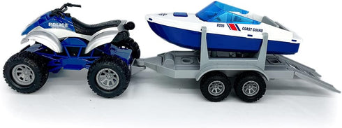 2 1 Playset, 3 4 5 6 7 Large ATV Toy with Trailer Speedboat Tow Truck Flatbed Transport Police Motorcycle Toy Vehicle