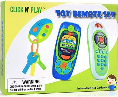 Click N' Play Pretend Play Cell Phone, TV Remote & Car Key Accessory Playset for Kids, Set of 3 with Lights & Sounds