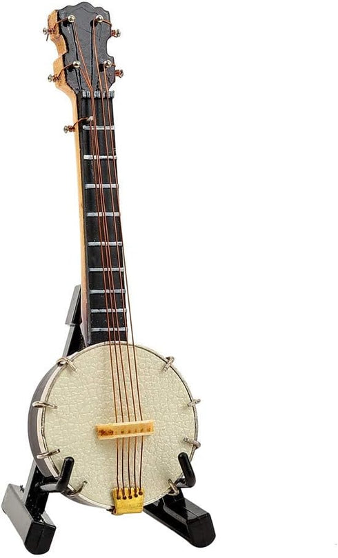 Wooden Miniature Banjo with Stand and Case, Mini Musical Instrument Replica Collectible Figurines for Dollhouse