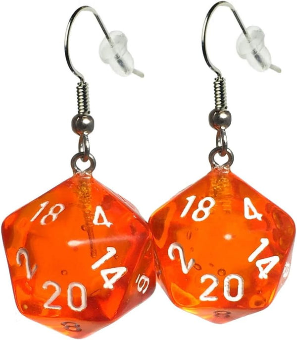 Translucent d20 Dice Earrings (5 Color Options) - Hook with Earnuts (Orange)