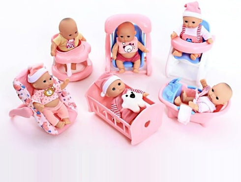 6 Set 5 Inch 3-6 PowerTRC of Mini Baby Girl Toy Dolls Collection with High Chair, Cradle, Walker, Swing, Bathtub