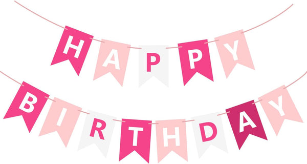 Pink Happy Birthday Banner Sign, Bunting Garland for Kids Girls Baby 1st Birthday Party Decorations